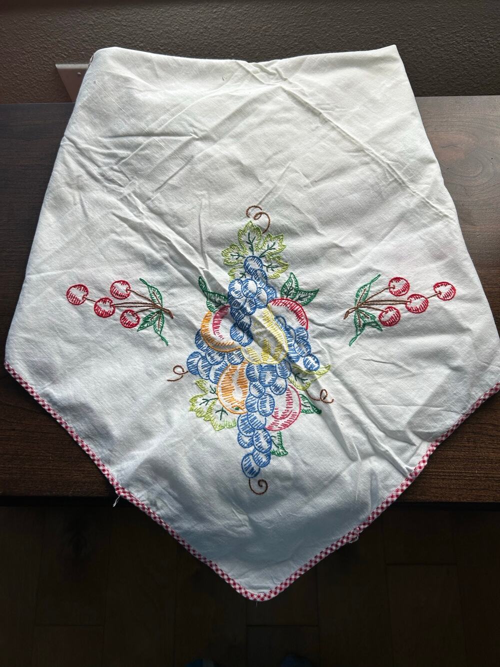 Vintage hand-embroidered square table topper tablecloth fruit design
